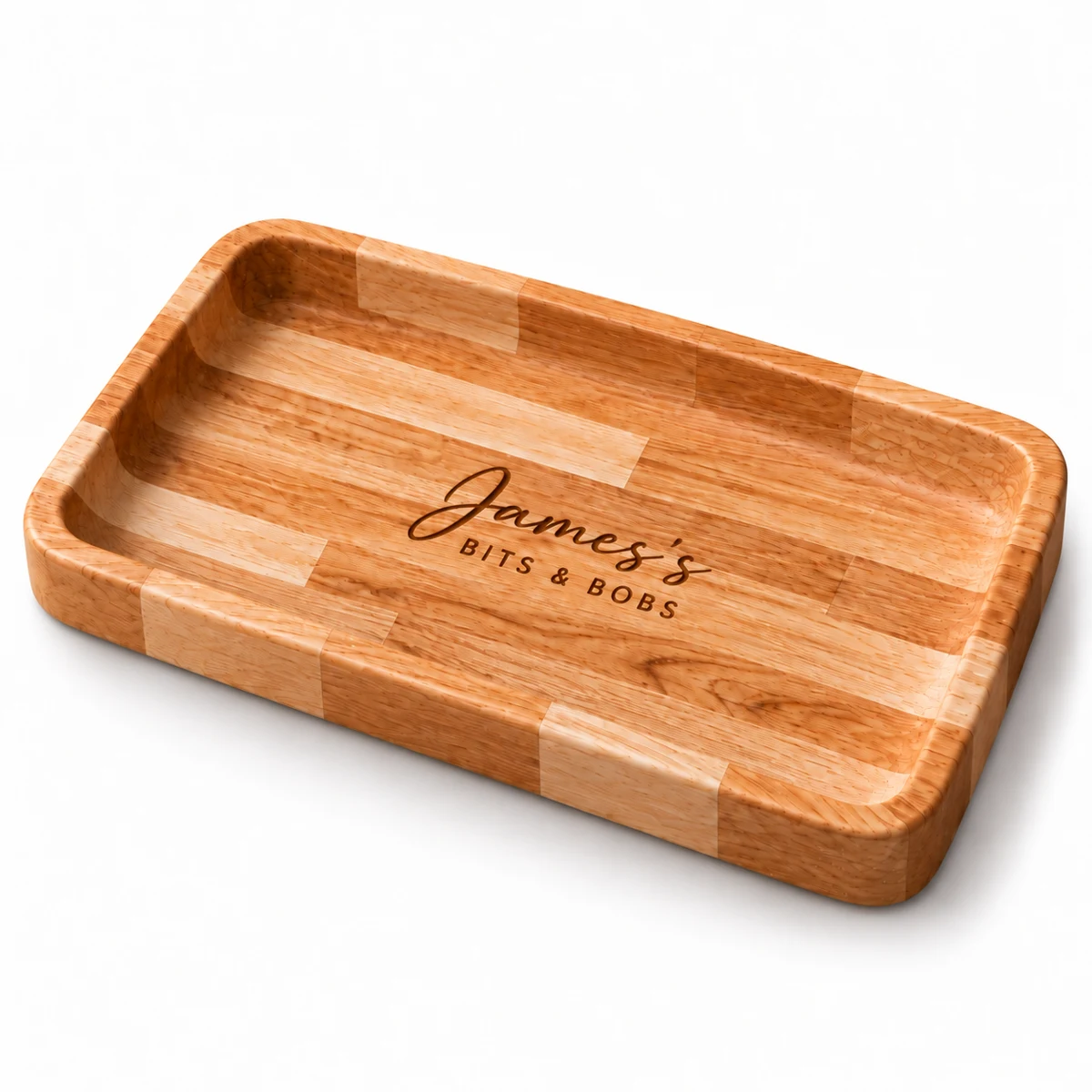 AI-generated oak tray concept engraved James’s Bits and Bobs