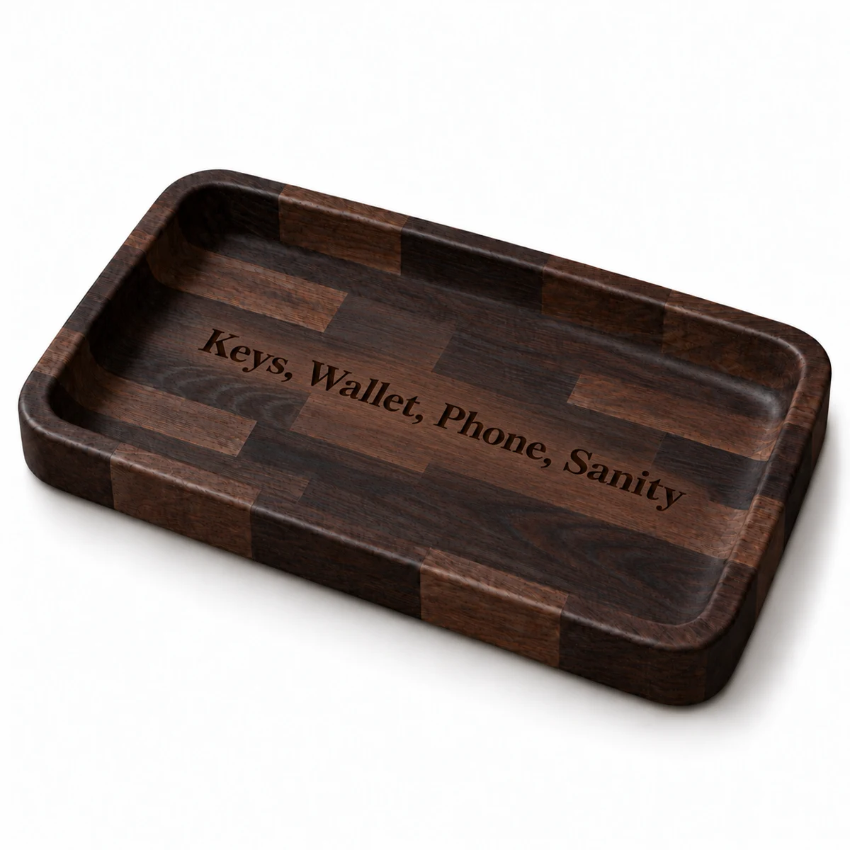 AI-generated dark walnut tray concept engraved Keys, Wallet, Phone, Sanity